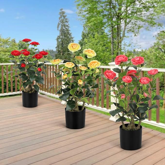 Romantic Season 2FT Pink Artificial Camellia Tree 2Pack, Faux Camellia Plant Fake Potted Camellia Flower Tree for Modern Home Office Living Room Floor Décor