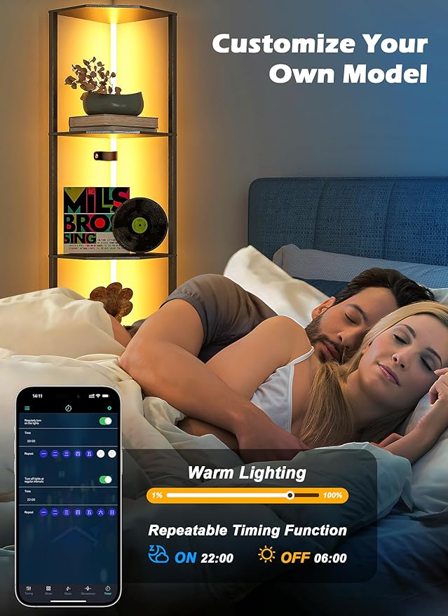 Smart Corner Shelf with Light 5-Tier Display Shelf & Floor Lamp w/ APP & Remote Control RGB LED Display Curio Case for Collectibles Dimmable Space-Saving Corner Shelves for Living Room Bedroom Decor