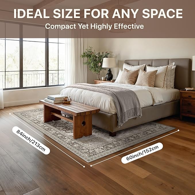 GENIMO 5X7 Area Rugs for Living Room, Machine Washable Vintage Floor Cover Foldable Modern Non Slip Rug, Low Pile Soft Indoor Carpet Floral Print Mat Rug,Bedroom/Dining Room/Home Office,Taupe