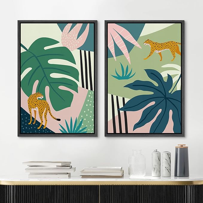 MUDECOR Framed Canvas Print Wall Art Jungle Cheetahs with Tropical Monstera Leaves Abstract Shapes Illustrations Modern Bohemian Nature Colorful for Living Room, Bedroom, Office - 16"x24"x2 Black