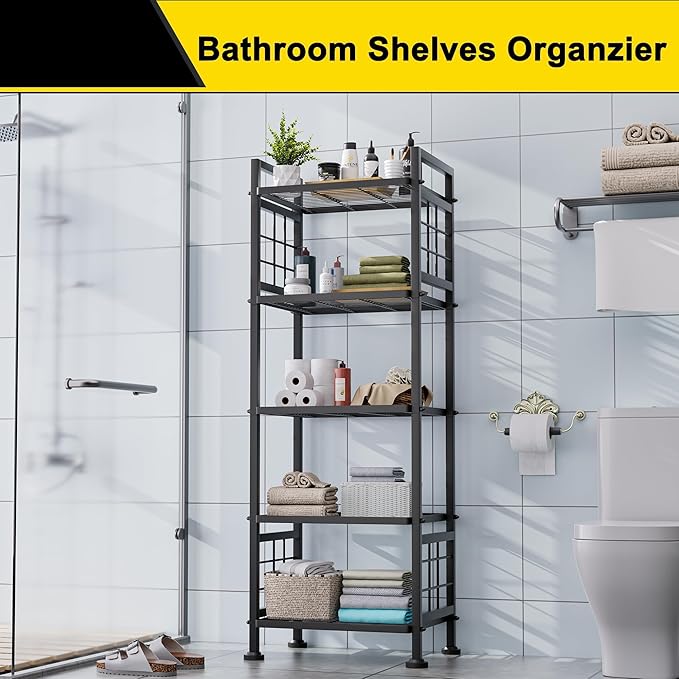 GIOTORENT 5-Wire Standing Book Shelf & Bookcase, Metal Storage Shelving Unit Pantry Rack for Laundry Kitchen Bathroom Organizer, Black