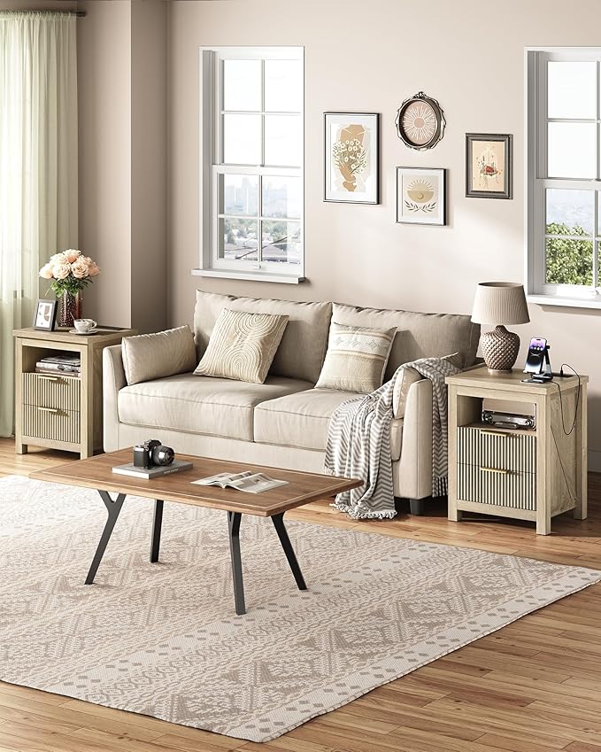 Fluted Nightstand, End Table with Charging Station and 2 Drawers, Farmhouse Nightstands with Fluted Panel, Engineered Wood Side Table for Bedroom Sunwashed Ash Oak MBZ06USO