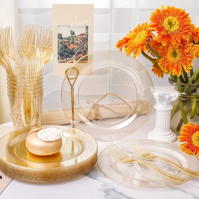 WELLIFE 150-Piece Gold Glitter Disposable Party Tableware Set for 50 Guests-Includes 50 Dessert Plates,50 Plastic Forks & 50 Cups-Elegant Plastic Plates for Wedding,Birthday,Anniversary(Gold Glitter)