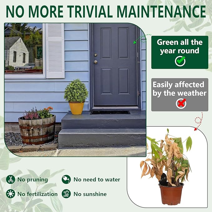 Fake Bushes Outdoors Topiary Trees Set of 2-23.6'' Artificial Shrubs Boxwood Balls with Ground Spikes for Front Porch Decor, Faux Plants UV Resistant Fake Evergreen Tree for Home Decor