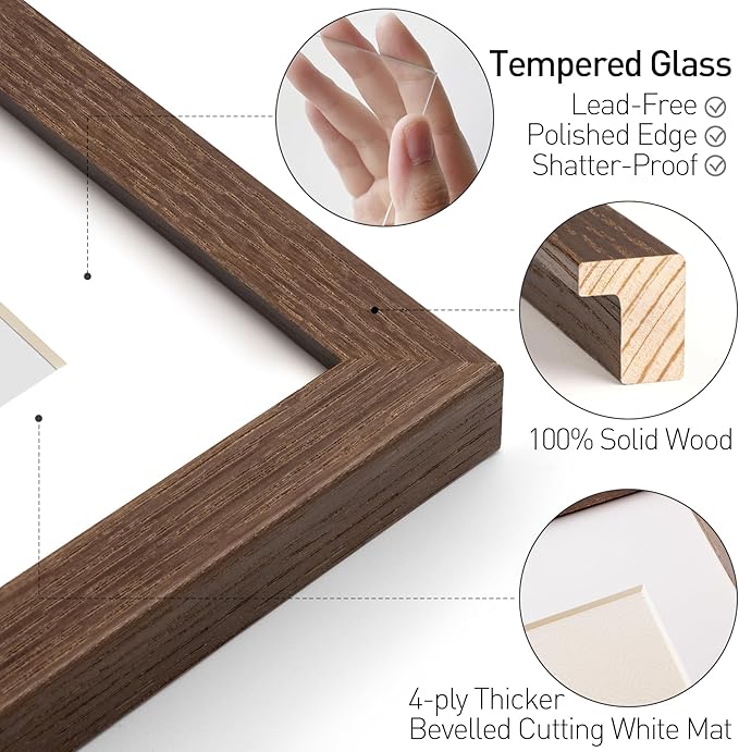 Yaetm 8x10 Picture Frame with Mat for 5x7 – Brown Walnut, Rustic Solid Wood Frame 8 x 10 with Tempered Glass for Art Print & Picture, Display on Tabletop & Wall (3 Pack, Walnut)