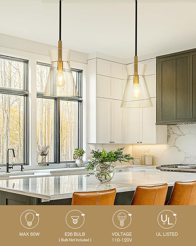 Emak Black and Gold Pendant Light Fixtures, 9 Inch Clear Glass Pendant Lights Kitchen Island, Modern Farmhouse Large Hanging Lights for for Kitchen, Dining Room, Bathroom, PL130-BKBGD-CG