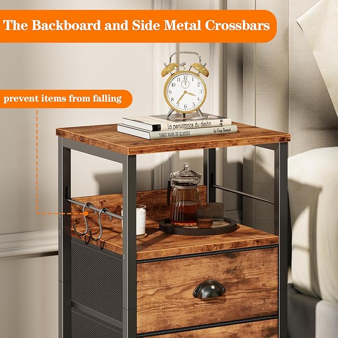 Furologee Nightstand with 2 Fabric Drawers, Bedside Table End Tbale with 2-Tier Shelf, Side Table with Hooks and Wood Top for Bedroom/Living Room/Hallway/Rustic Brown