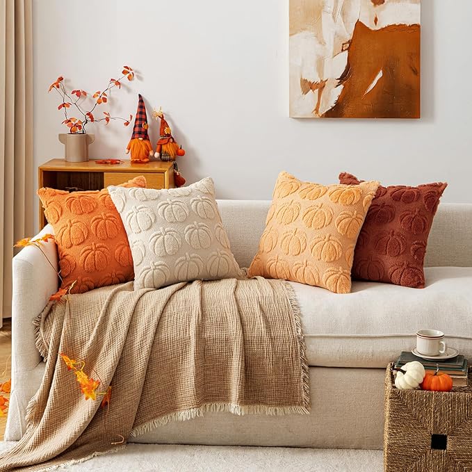 MIULEE Fall Pumpkin Pillow Covers 18x18 Inch Set of 4 - Soft Cozy Plush Decorative Pillows with Embroidered Pumpkin Pattern Autumn Halloween Holiday Decor for Sofa Couch Bed Living Room,Rust-Beige