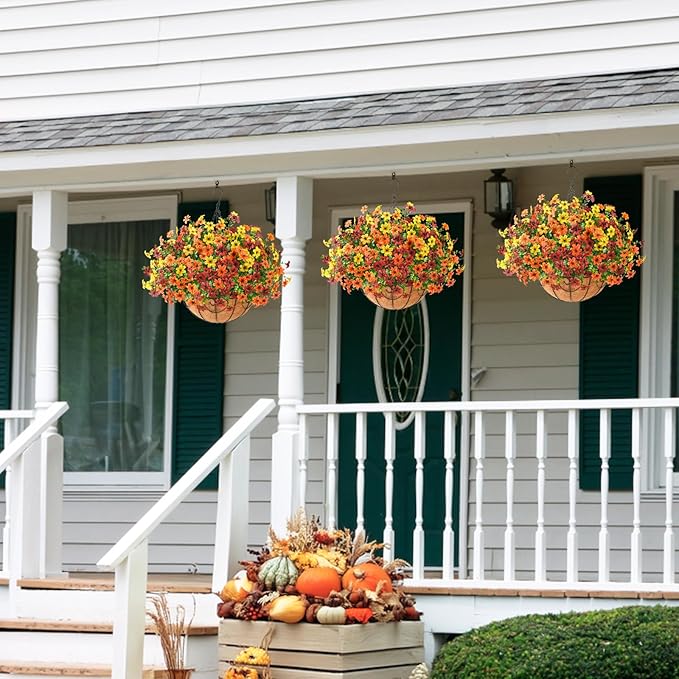 Artificial Flowers Hanging Basket Plants, Fake Mums Fall Decorations for Outdoor, Faux Silk Flower UV Resistant Autumn Decor for Outside Garden Patio Front Porch Balcony Window (Orange Brown Yellow)