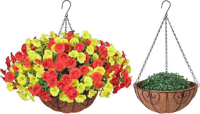 Artificial Fake Hanging Flowers with Basket for Fall Decoration, 12 Bundles Faux Silk Morning Glory Plants for Outdoor Planters, Realistic UV Resistant Artificial Flowers for Outside Porch Garden