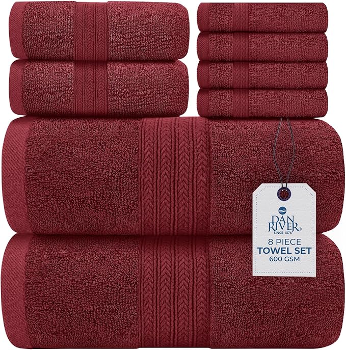 DAN RIVER 8 PC Luxury Bath Towels for Bathroom, 2 Bath, 2 Hand, and 4 Wash Cloths, 600 GSM 100% Ring Spun Cotton Towel Set, Highly Absorbent, Gym, Hotel, and Spa, Pomegranate