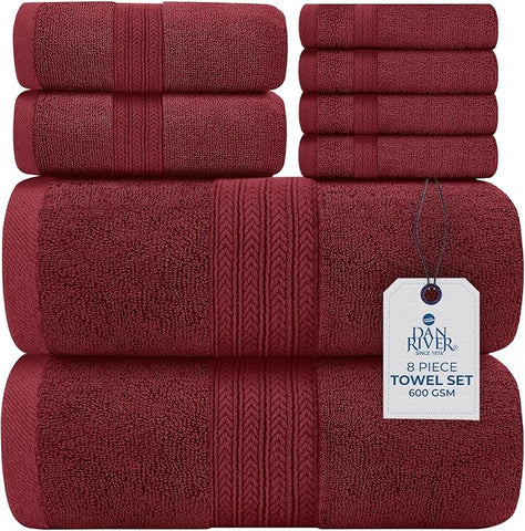 DAN RIVER 8 PC Luxury Bath Towels for Bathroom, 2 Bath, 2 Hand, and 4 Wash Cloths, 600 GSM 100% Ring Spun Cotton Towel Set, Highly Absorbent, Gym, Hotel, and Spa, Pomegranate