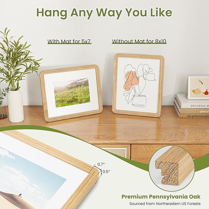 Dreamland 8x10 Round Corner Picture Frame, Solid Oak Photo Frame With Mat For 5x7, Plexiglass Framing Includes Hanging Hardware For Vertical Or Horizontal Wall Frame, Natural Oak, 3 Pack