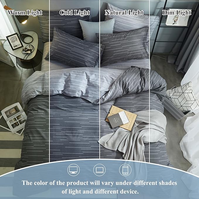 VM VOUGEMARKET 100% Natural Cotton Striped Duvet Cover Set,Gray Stripes Pattern Printed Comforter Cover for Boys Men,Reversible Modern Simple Style Bedding Set