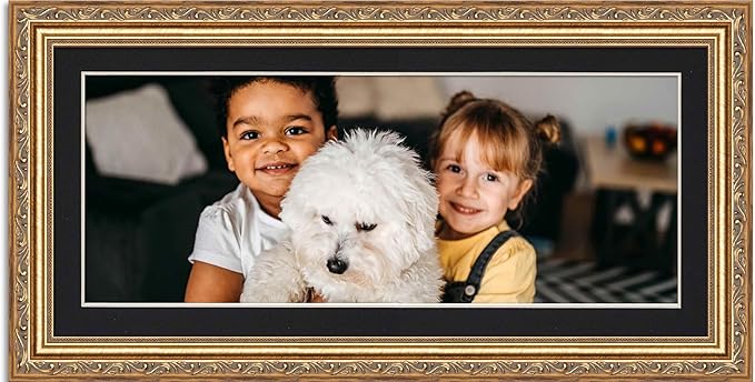 13x39 Frame with Mat - Antique Gold 16x42 Frame Wood Made to Display Print or Poster Measuring 13 x 39 Inches with Black Photo Mat