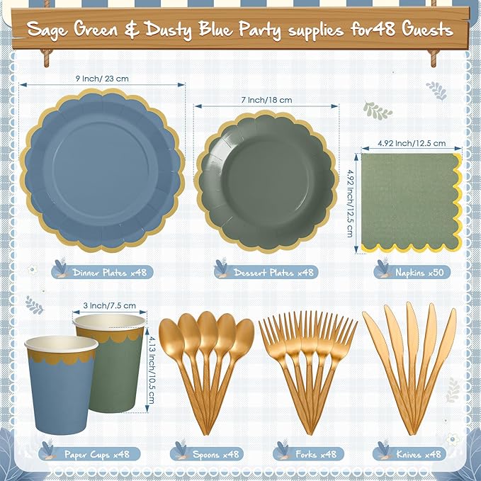 338 Pcs Blue and Sage Green Plates and Napkins Party Supplies for Guests Dusty Blue Tableware Include Scalloped Plates Paper Napkin Cup Spoon Fork Knife for Baby Shower, Wedding, Birthday
