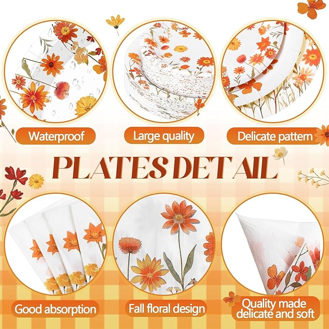 400 Pcs Fall Floral Disposable Paper Plates Napkins Cups Serve 50 Watercolor Wildflower Tableware Set for Autumn Thanksgiving Harvest Wedding Tea Party Decoration Bridal Shower Baby Shower