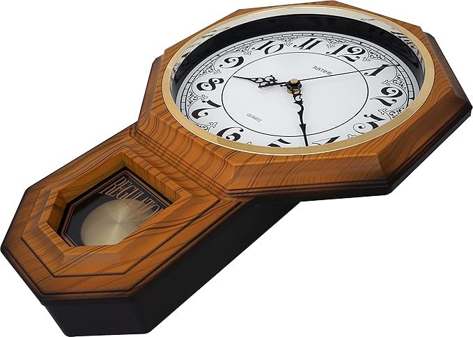 JUSTIME Traditional Schoolhouse Classic Vintage Arabic Regulator Wall Clock, Chiming Wall Clocks with Pendulum & Westminster Chime Hourly, Schoolhouse Wall Decor Battery Operated (Light Wood Grain)