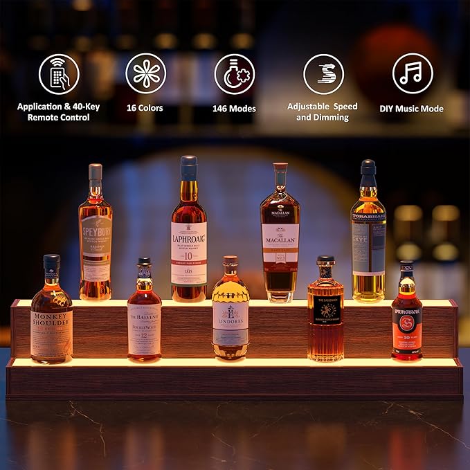 LED 38 Inch Bar Display Shelf, DIY Illuminated Bottle Shelf with App & Remote Control, 2 Step Freestanding Holding Bottles for Home Bar, Party, Walnut