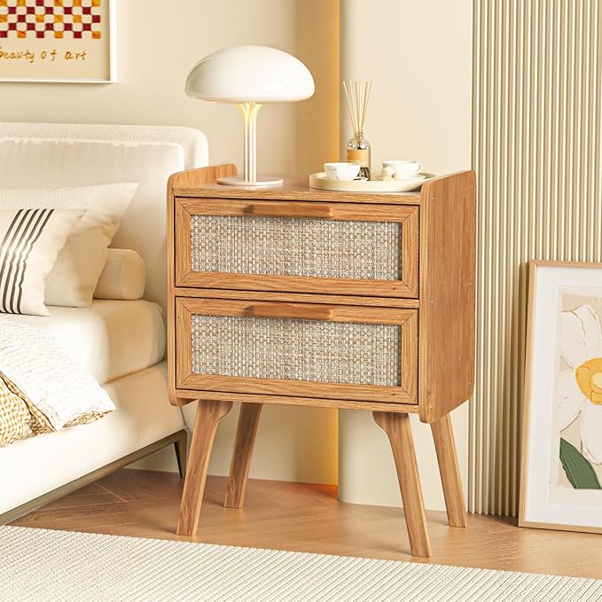 Lerliuo Rattan Nightstand, Boho Night Stand with 2 Drawers, Cane Accent Side End Table, Bedside Table with Solid Wood Legs for Bedroom, Dorm and Small Spaces (Tea Brown)