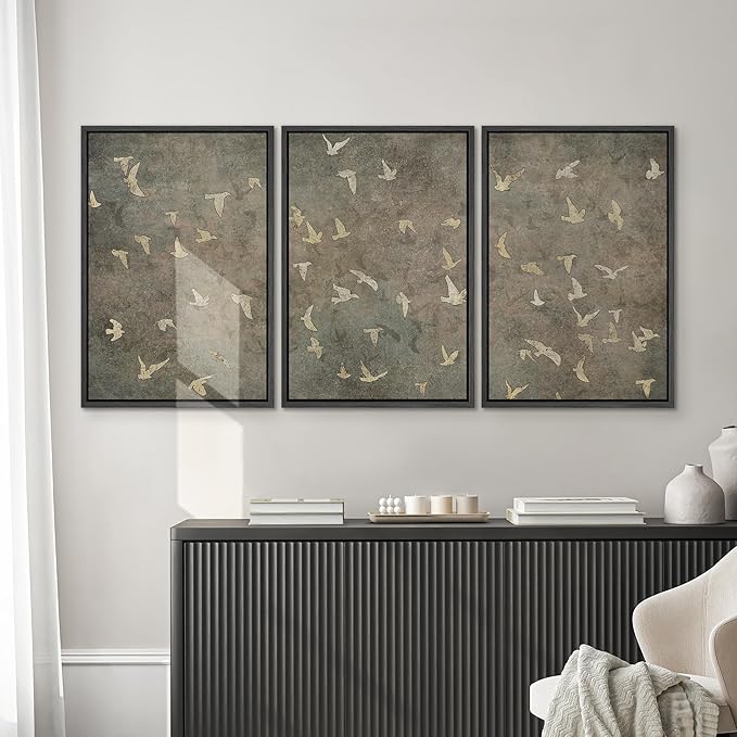 SIGNWIN Framed Canvas Print Wall Art Set Abstract Golden Birds in Flight Illustrations Modern Art Decorative Rustic Calm/Zen for Living Room, Bedroom, Office - 16"x24"x3 Black