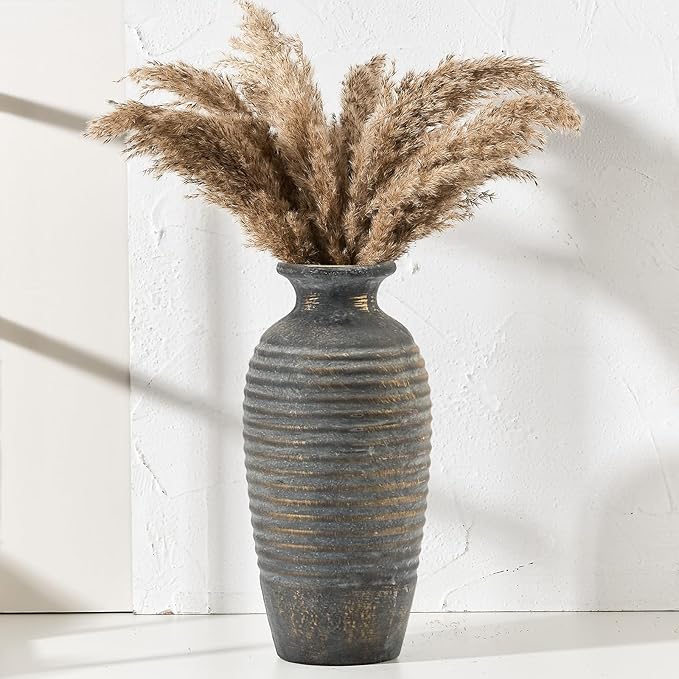 Ceramic Natural Rustic Vase, 14.4 Inch Large Vintage Flower | Threaded Decorative | Farmhouse Tall Vase for Home Decor, Living Room, Shelf Decor, Gift, Bronze