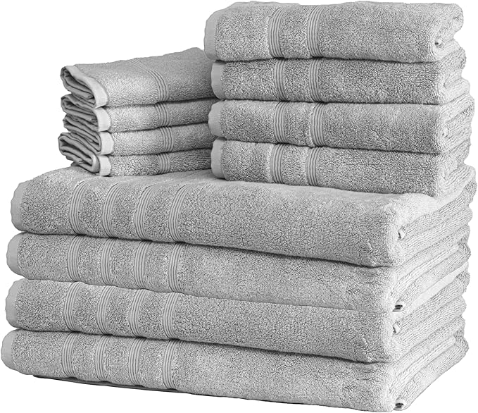 Mosobam Luxury Turkish 12pc XL Towel Set 35X70 16X30 13X13 Light Grey (Gray) 700 GSM Bamboo Viscose & Aegean Turkish Combed Cotton