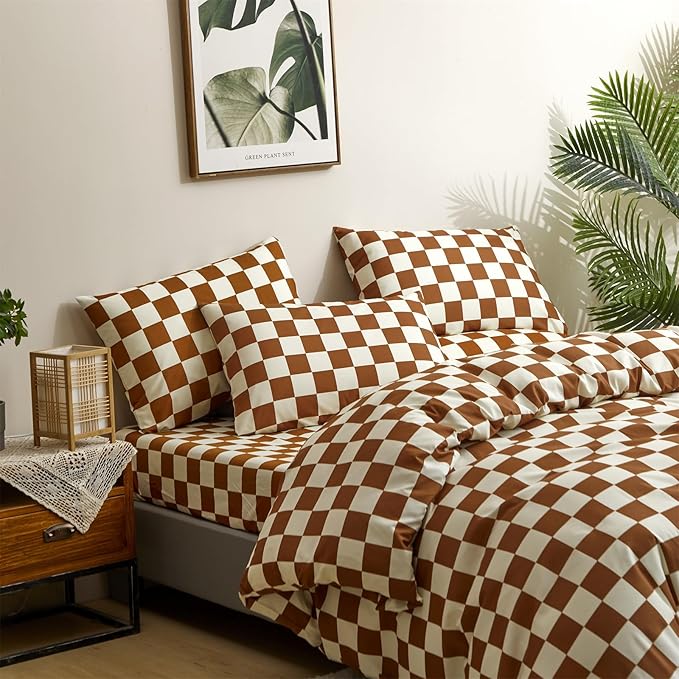 Pureant Pumpkin White Plaid Comforter Set Full Brown and White Checkered Bedding Comforter Soft Women Girls Brown Checkerboard Grid Quilts Full Size Boho Pumpkin Buffalo Plaid Comforter Geomertic