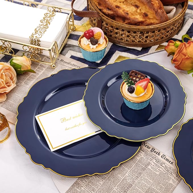 WDF 100pcs Blue Plastic Plates - Baroque Blue&Gold Disposable Plates for Parties/Wedding-50Plastic Dinner Plates 10.25in, 50Salad Plates 7.5in