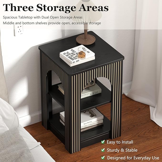 End Table with 3-Tier Storage, Mid-Century Modern Side Table with Arched Carving Lines, Square Fluted Nightstand Accent Table for Living Room, Bedroom, or Office (1, Black)