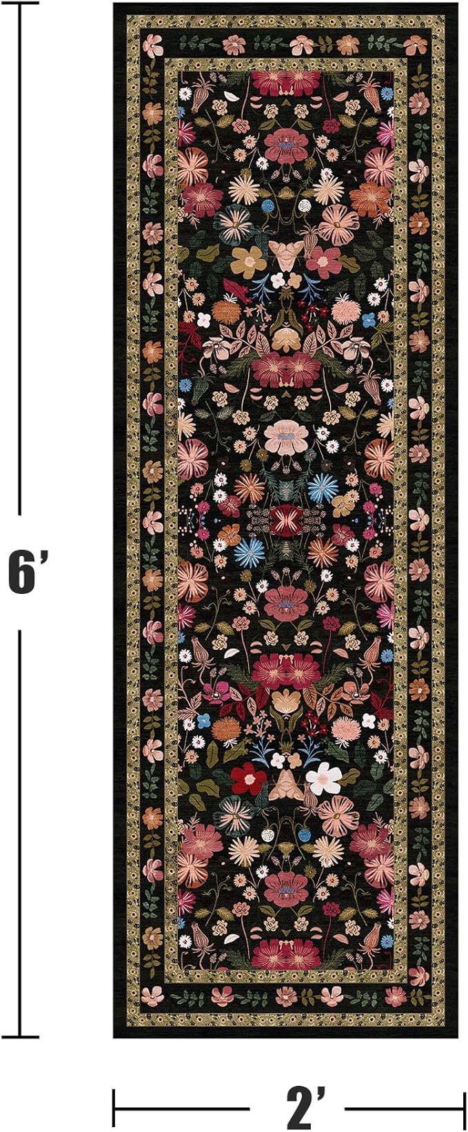 Deerly Runner Rug for Hallways Kitchen Bedroom 2x6 Washable Vintage Boho Bathroom Runner Rugs Non-Slip Soft Low Pile Thin Indoor Carpet Runner for Laundry Room Farmhouse Rug, Black/Multi
