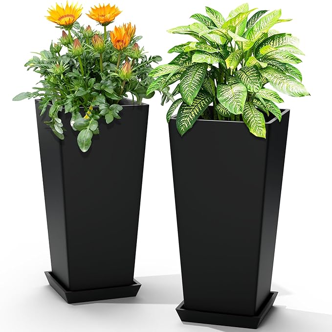 24-Inch Tall Planters Set of 2 for Outdoor and Indoor Use, Tapered Flower Pots with Drainage Tray, Front Porch and Patio Decor, Ideal for Large Plants – Black