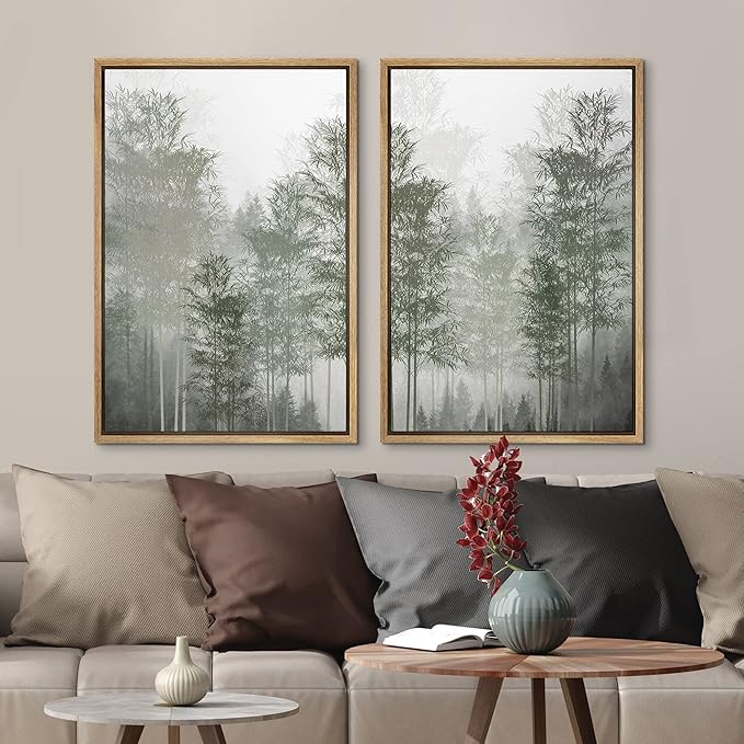 MUDECOR Framed Canvas Print Wall Art Pastel Watercolor Misty Fog Forest Tree Wilderness Nature Illustrations Modern Art Decorative Calm/Relax Multicolor Rustic Minimal for Bedroom - 16"x24"x2 Natural