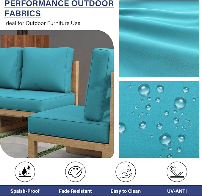 UIXE 24.5" Deep Seat Outdoor Cushion Set with Back Pads, Patio Furniture Cushions, Sectional Sofa Bistro Chair Cushion - Teal Blue, Set of 2