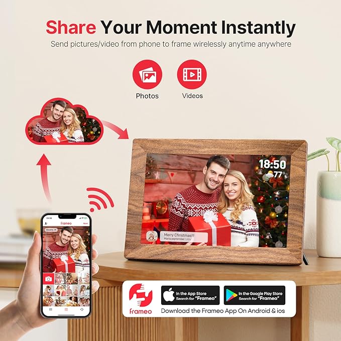 Frameo 10.1" Digital Picture Frame, Smart WiFi Digital Photo Frame with 1280x800 HD IPS Touch Screen 32GB Memory Auto-Rotate Wall Mounted, Share Photos/Videos from Phone Anywhere(Brown Wood)