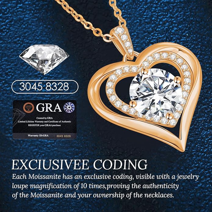 Moissanite Heart Pendant Necklaces for Women, 925 Sterling Silver Gold Plating Lab-Created Gem Necklace Engraved with 'I LOVE YOU', Ideal Anniversary Birthday Christmas Valentine Engagements Mothers Day Jewelry Gifts for Mom Wife Girlfriend Daughter Her