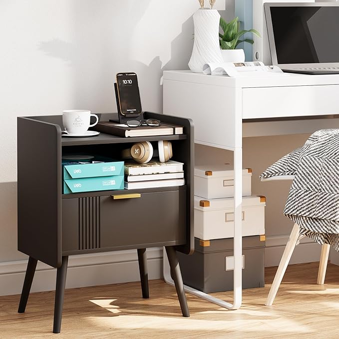 Night Stand Modern End Table with Storage Drawer and Open Shelf, Small Bedside Stand, Wooden Sofa Side Table for Bedroom,Study Room and Small Spaces (Black)