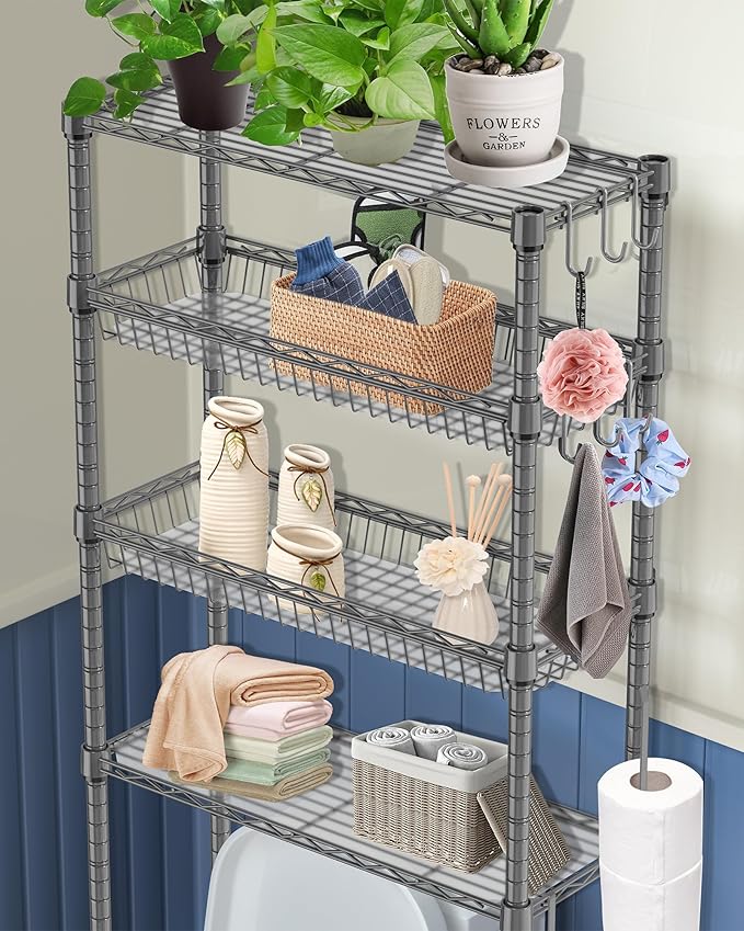 Over The Toilet Storage, 4-Tier Over Toilet Shelf Organizer Metal Storage Rack Freestanding Bathroom Space Saver with Adjustable Shelves and Baskets, Gray