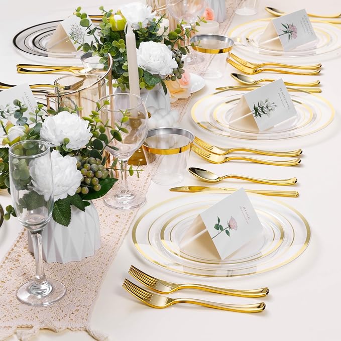 100PCS Clear Plastic Plates for Party, 10.25 Inch Heavy Duty Dinner Plates with Gold Rim, Disposable Plates for Wedding and Birthday