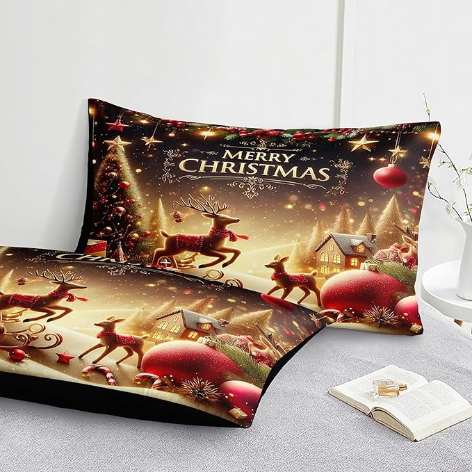 Bedrom Merry Christmas Bedding Comforter Black Gold Comforter Queen Snowflake Winter Xmas Theme Cute Deer Christmas Tree Bedroom Comforter Set