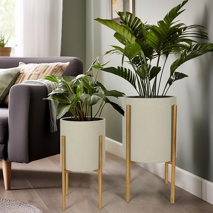 Oakrain Plants Pots with Stand, Set of 2 Planters for Indoor Plants, Modern Decorative Metal Flower Pots for Living Room, Garden, Balcony, 10"&12", Cement Gray Frosted