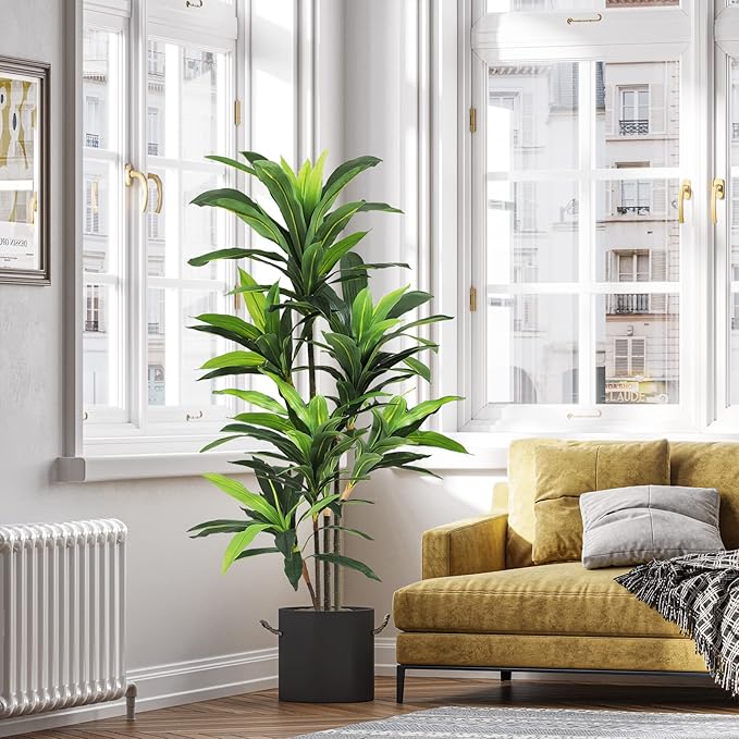 VIAGDO Dracaena Silk Plant Artificial 5ft Faux House Plants Evergreen Dracaena Marginata Fake Yucca Palm Trees in Pot Realistic Dragon Tree for Living Room Home Office Decor Indoor Outdoor
