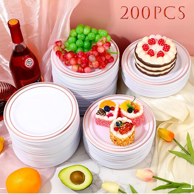 200 Pieces Disposable Plates Plastic Party Plates with Rim Hard Plastic Appetizer Salad Dessert 7.5 Inch Elegant Heavy Duty Tableware for Dinner Wedding Party Supplies(Rose Gold Rim)