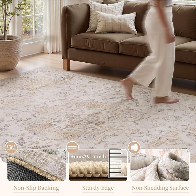 PADOOR-Vintage Area Rug 5X7 Rugs for Living Room-Soft Beige Rugs for Bedroom-Machine Washable Rugs Non Slip Carpet-Rug for Dining Room Living Room Bedside Office