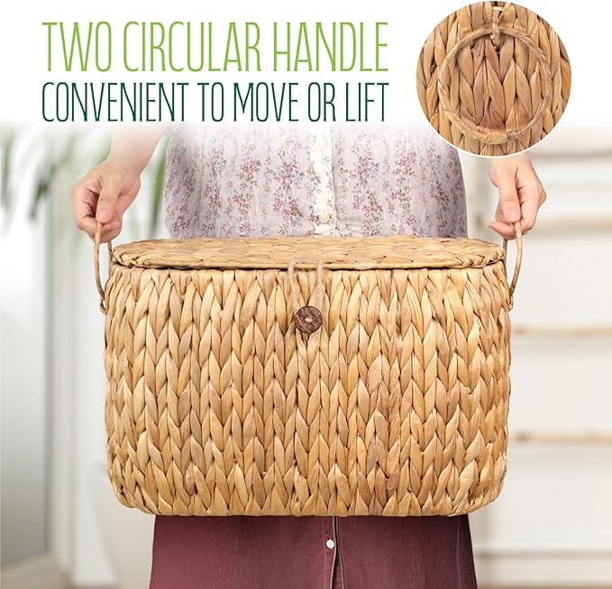 Toilet Paper Storage, Water Hyacinth Baskets with Lid, Toilet Paper Baskets for Storage Holder 6 Rolls, Papers Basket with Built-in Handles for Organizer, Bathroom Accessories Organizer
