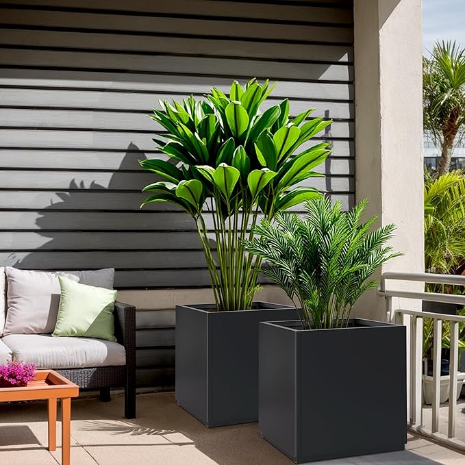 Large Square Planter Metal Black Planter Box with a Drainage Hole and a Removable Divider Indoor Outdoor Porch Pots for Tall Plants, Trees, Flowers 17.01" x 17.01" x 17.99" Black