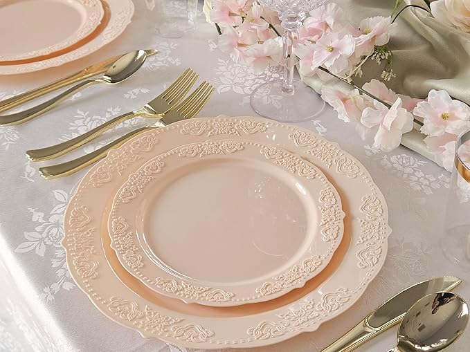 " OCCASIONS " 50 Plates Pack (25 Guests) Vintage Wedding Party Disposable Plastic Plate Set -25x10.25'' Dinner +25x7.5'' Salad/Dessert plates (Portofino in Blush/Antique Rose)