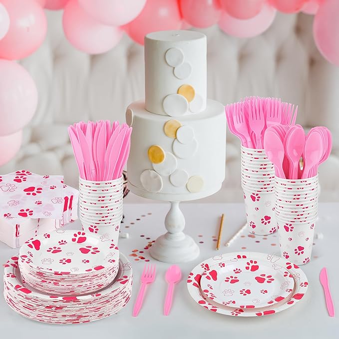 400 Pieces Pink Paw Disposable Party Tableware Sets Dog Puppy Supplies Including Plates Cups Napkins Cutlery Serves 50 for Birthday Puppy Theme Party Decorations