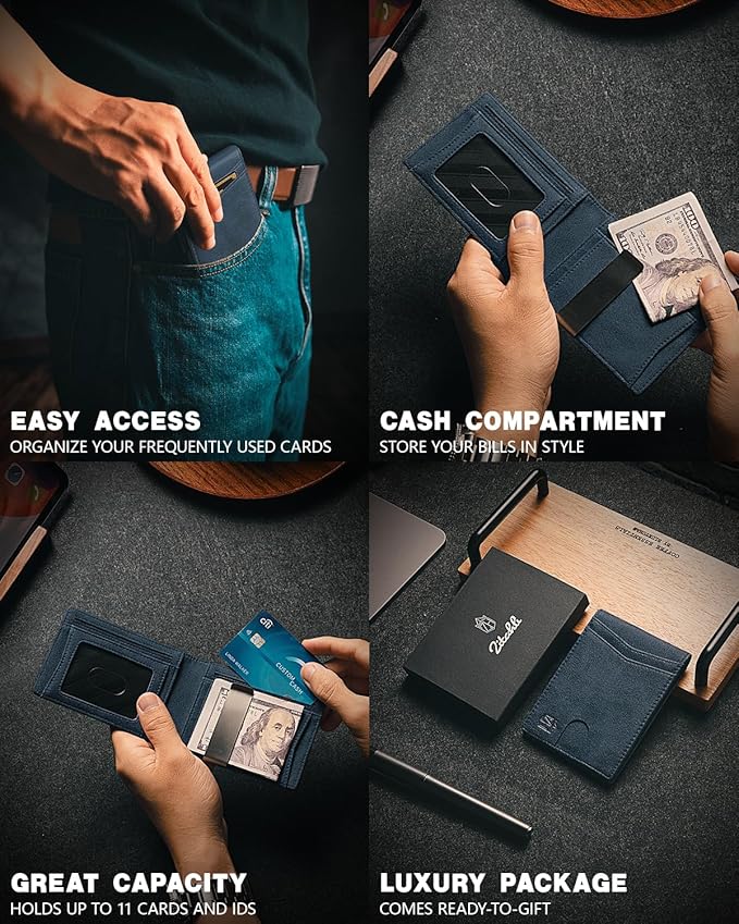 Zitahli Slim Wallet for Men Gifts 12 Card Slots ID Window With Money Clip Minimalist RFID Front Pocket Bifold Leather Small Thin Gift Box Dad Birthday Christmas Regalos Hombres