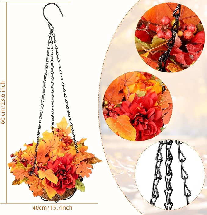Artificial Faux Maple Leaves Hanging Plants Flowers Basket for Outdoors Autumn Decoration, Silk Maple Leaf Peony Dahlia Look Real Fake Flowers for Porch Outside Patio Balcony Yard Home Garden